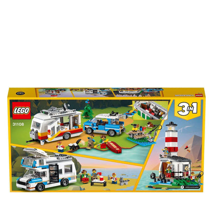 LEGO Creator 3in1 Caravan Family Holiday Set 31108 with camper, van, and lighthouse builds for young campers.