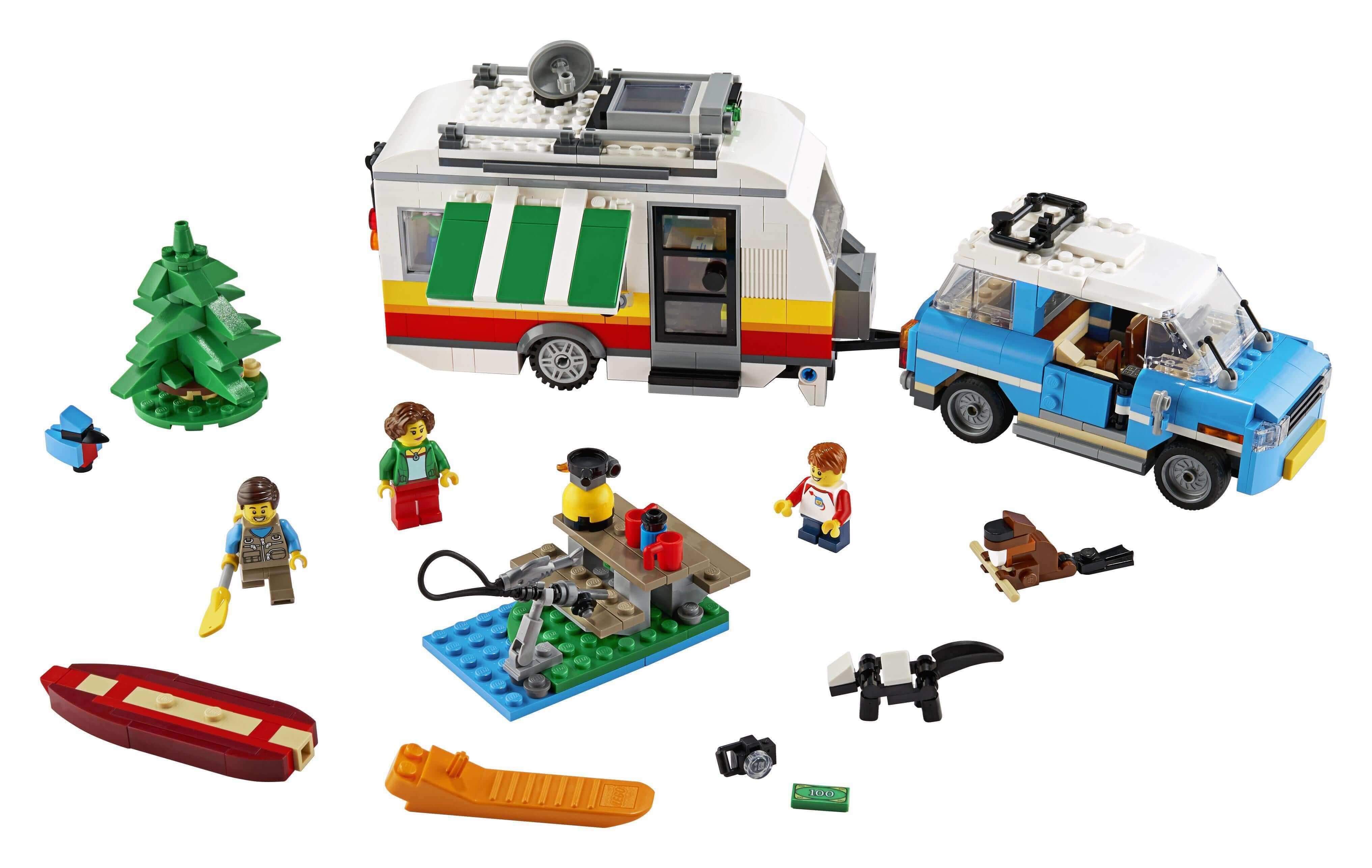 LEGO® Creator 3in1 Caravan Family Holiday Set 31108 with camper van and accessories for creative play.