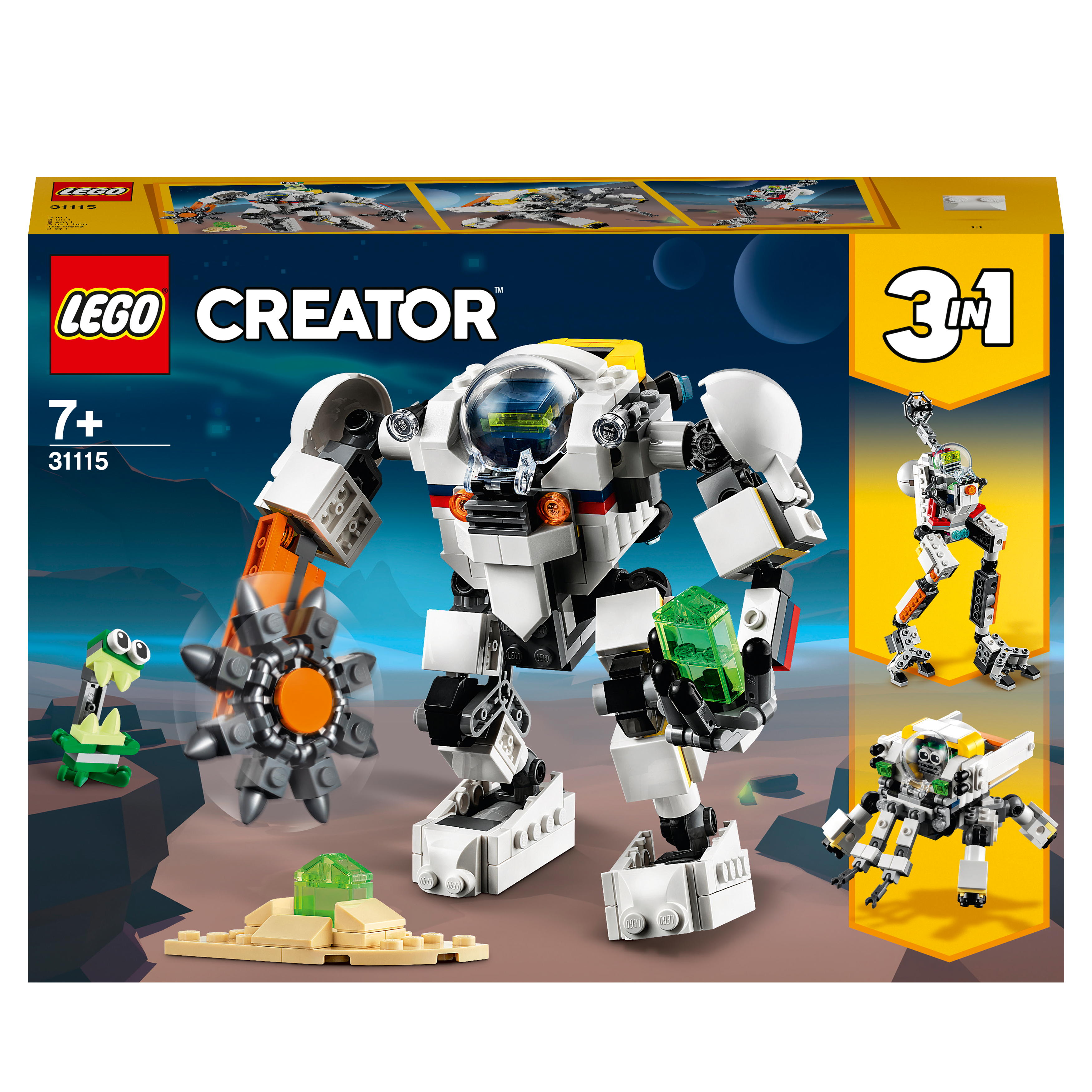 LEGO Creator 3 in 1 Space Mining Mech Toy 31115 packaging with mech, cargo carrier, and space robot models.
