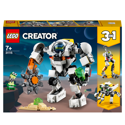 LEGO Creator 3 in 1 Space Mining Mech Toy 31115 packaging with mech, cargo carrier, and space robot models.