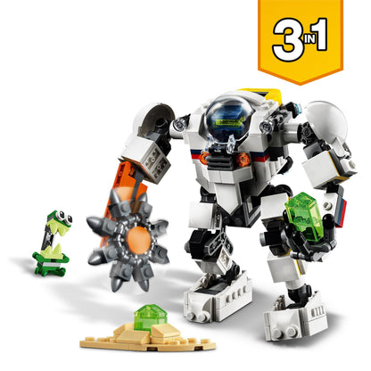 LEGO Creator 3 in 1 Space Mining Mech 31115 with cargo carrier and space robot, featuring a mech and alien character.