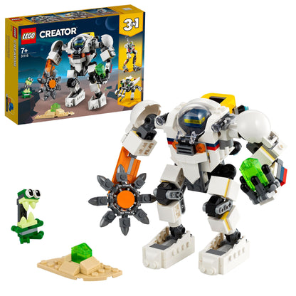 LEGO Creator 3in1 Space Mining Mech Toy 31115 with cargo carrier, space robot, and alien character.