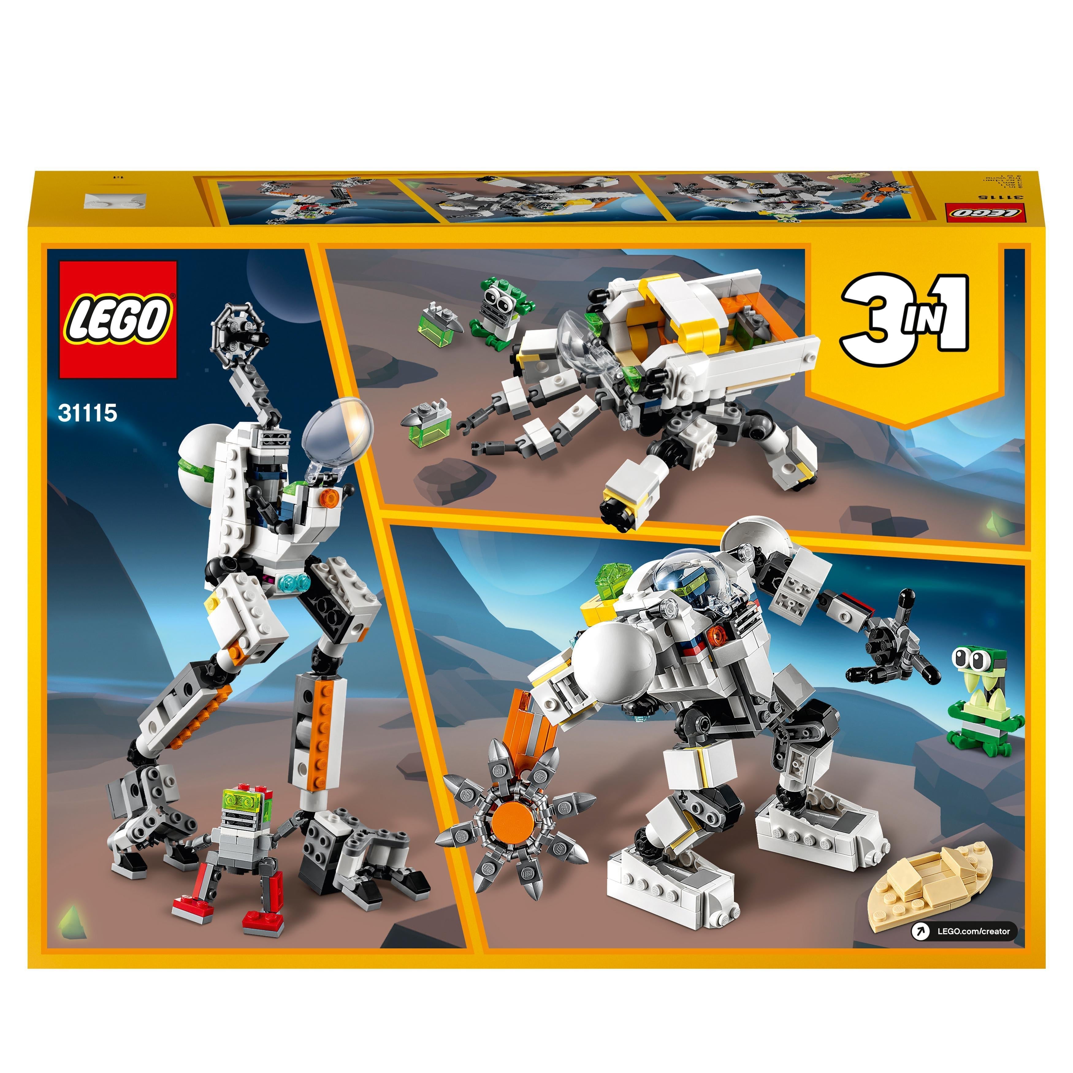 LEGO® Creator 3 in 1 Space Mining Mech Toy 31115 with mech, cargo carrier, and space robot build options.