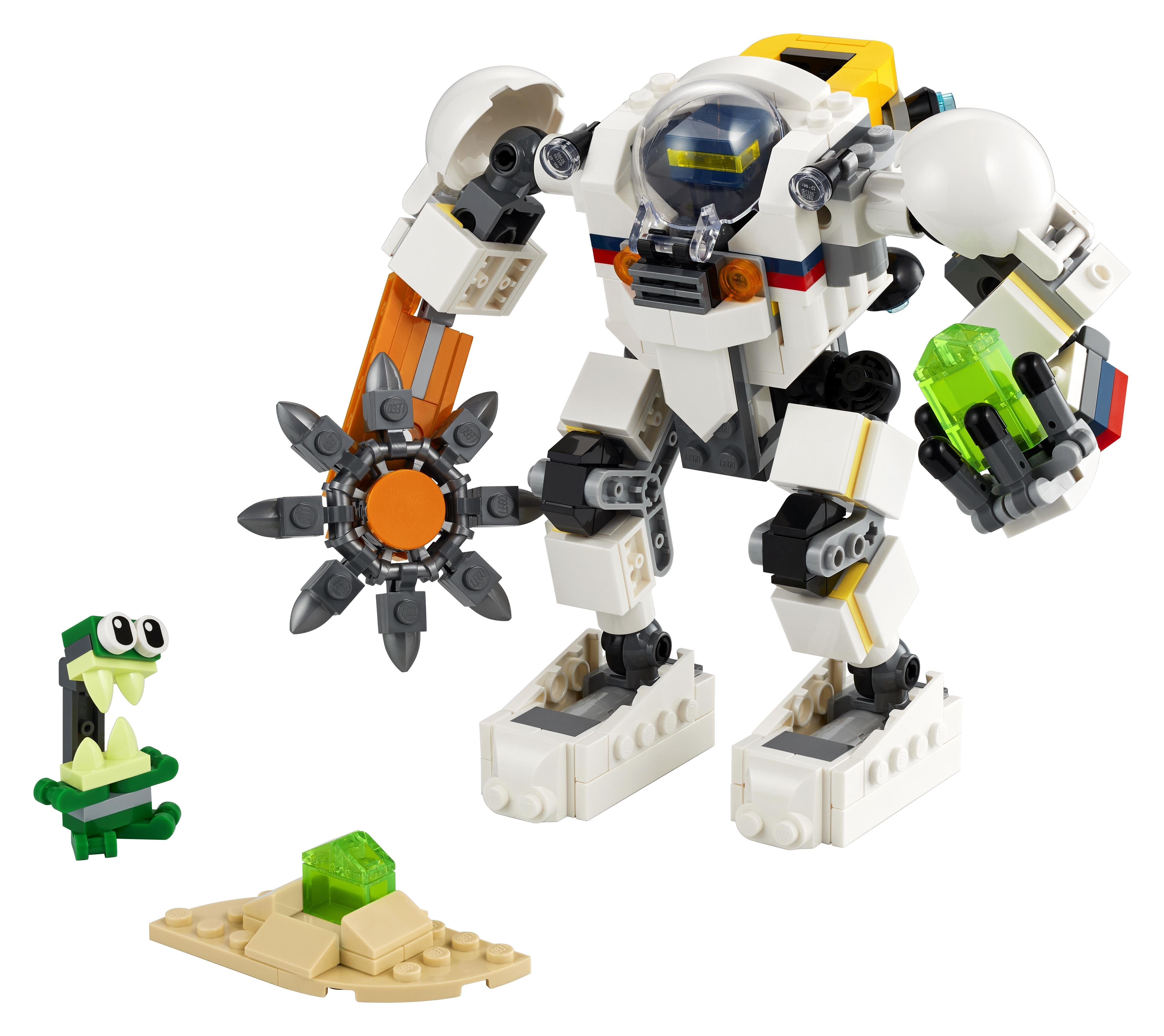 LEGO Creator 3 in 1 Space Mining Mech 31115 with green alien and green mineral, ideal for adventurous play.