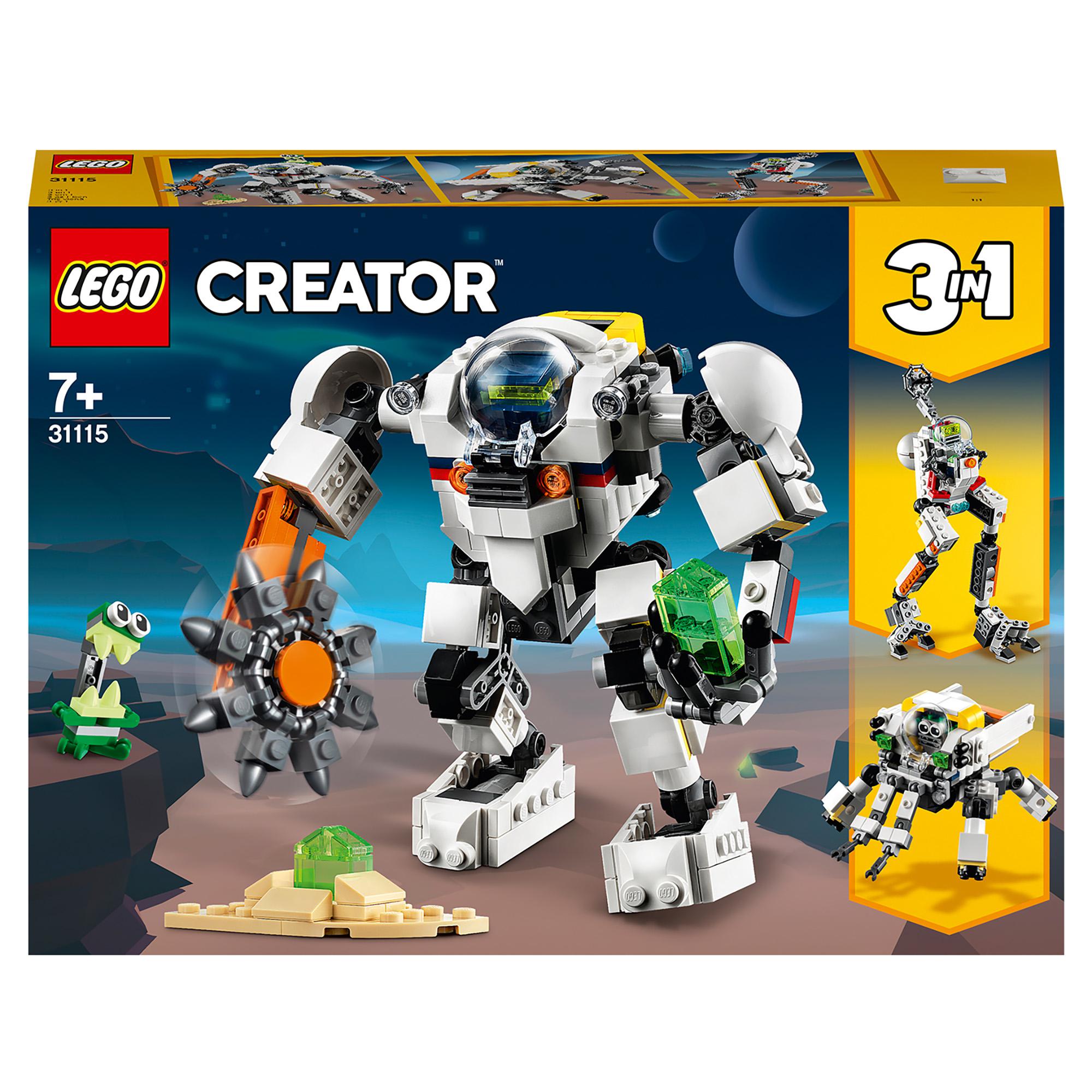 LEGO Creator 3 in 1 Space Mining Mech Toy 31115 featuring a mech, cargo carrier, and space robot for young adventurers.