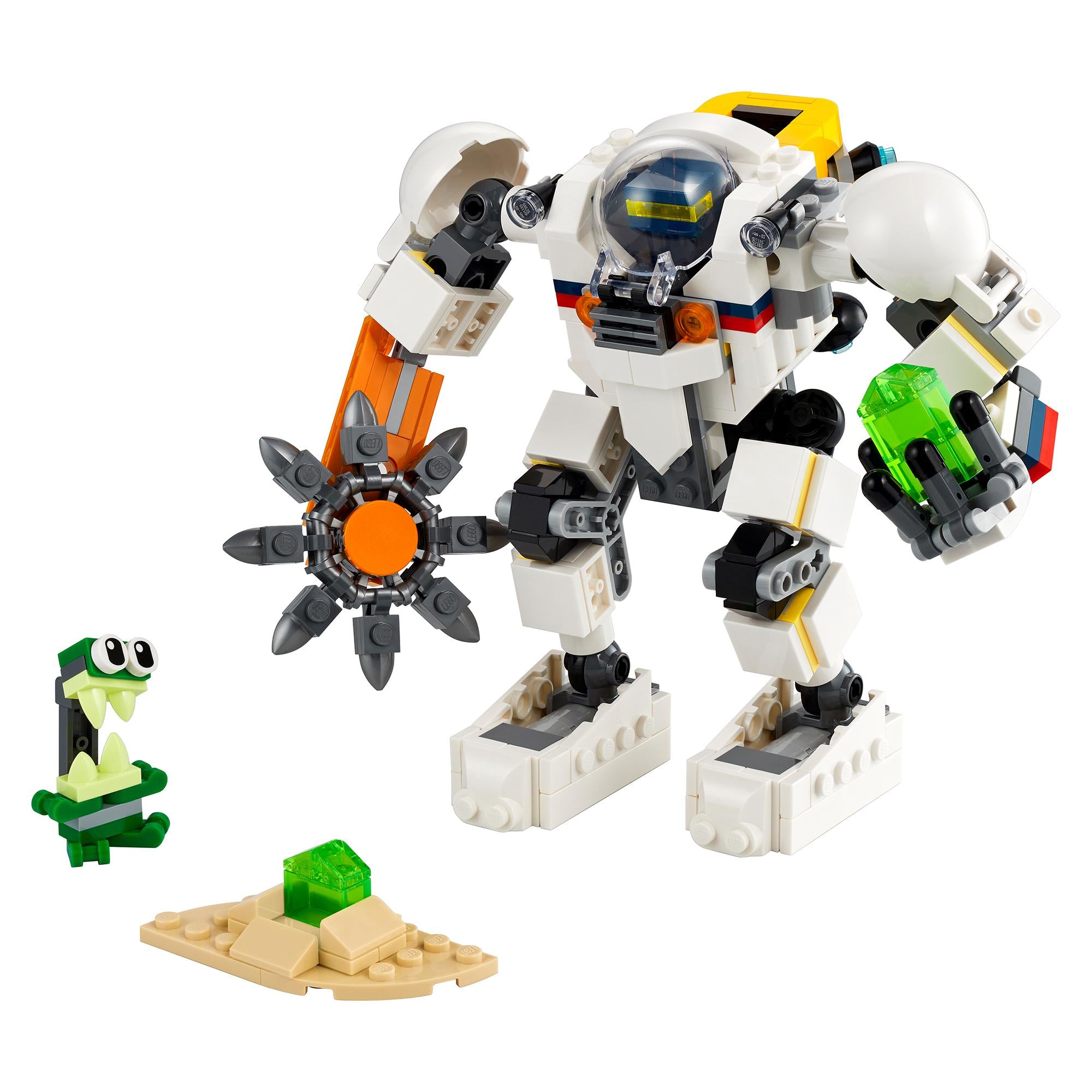 LEGO Creator 3in1 Space Mining Mech 31115 with mining tools and a green alien, perfect for young adventurers and imaginative play.