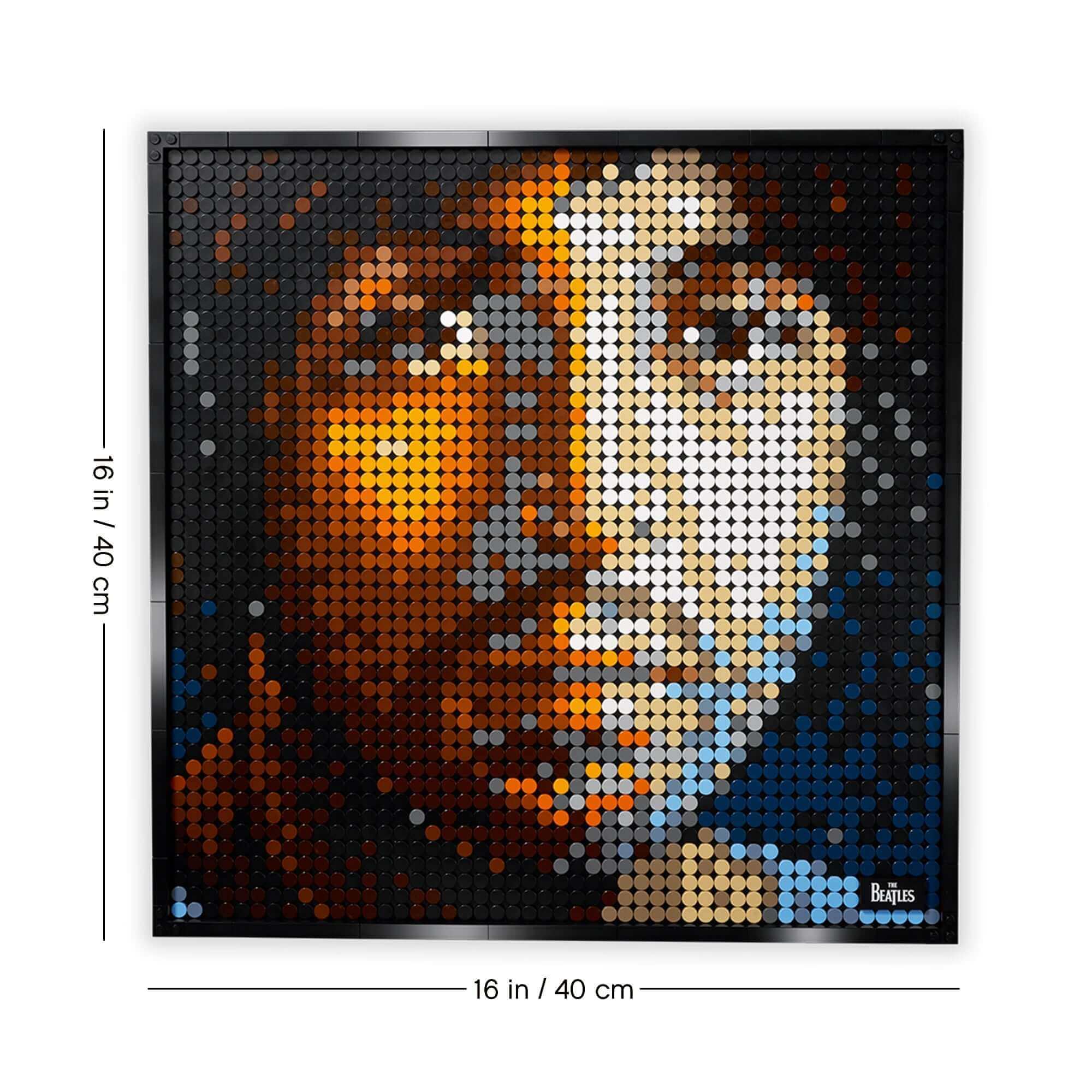 Close-up of LEGO® Art The Beatles wall art set featuring vibrant pixelated portrait of John Lennon, 16x16 inches.