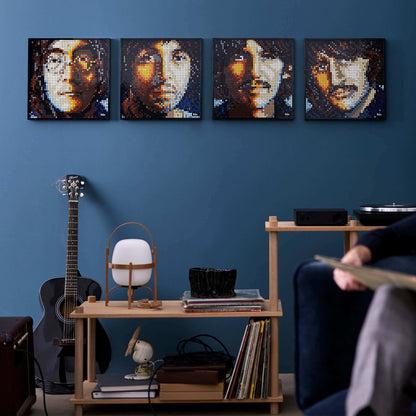 LEGO® Art The Beatles 4in1 wall art displayed in a modern living room with guitar and furniture.