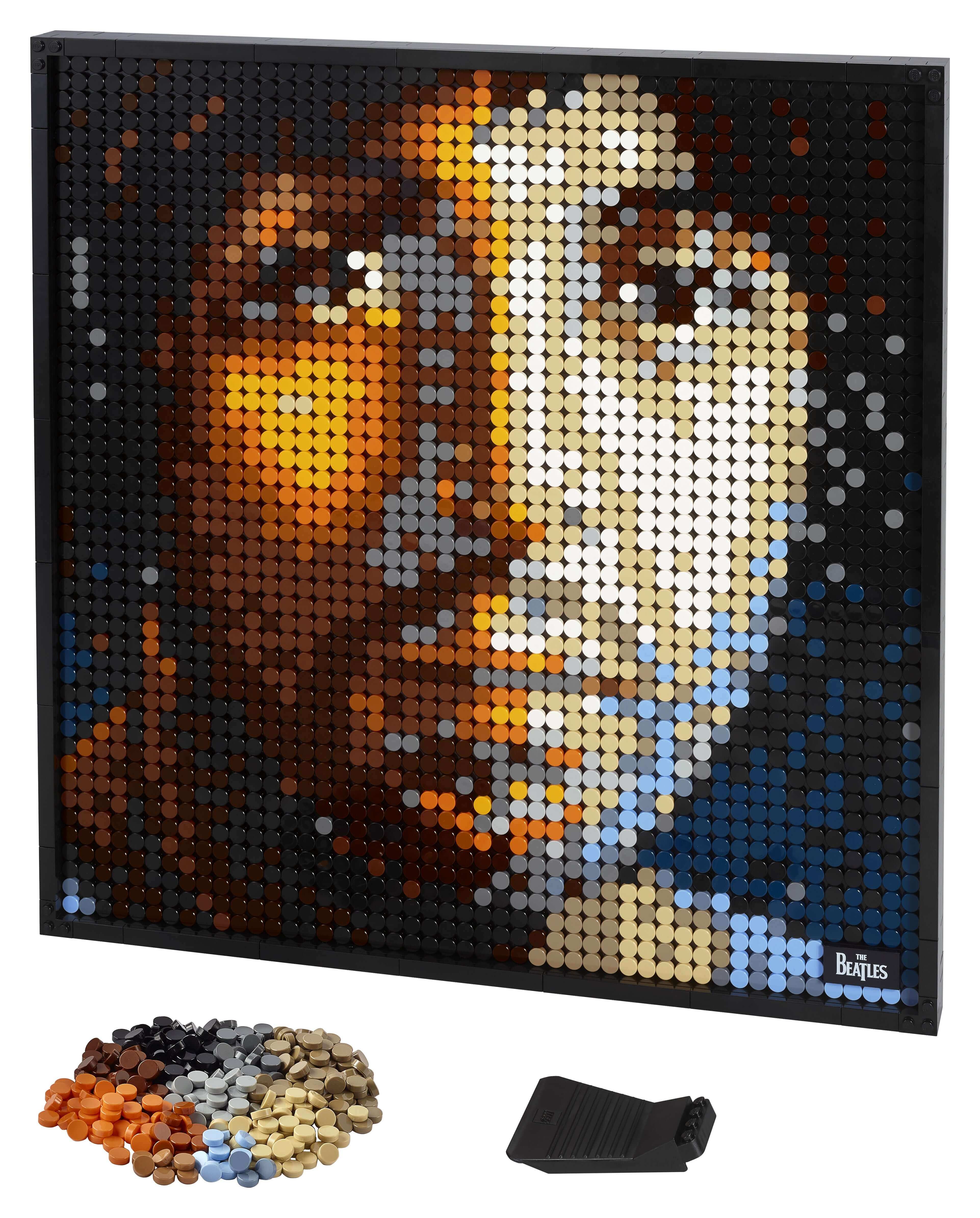 LEGO® Art The Beatles set showcasing a vibrant wall art portrait made from colorful LEGO pieces, perfect for adults.