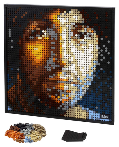 LEGO® Art The Beatles set showcasing a vibrant wall art portrait made from colorful LEGO pieces, perfect for adults.