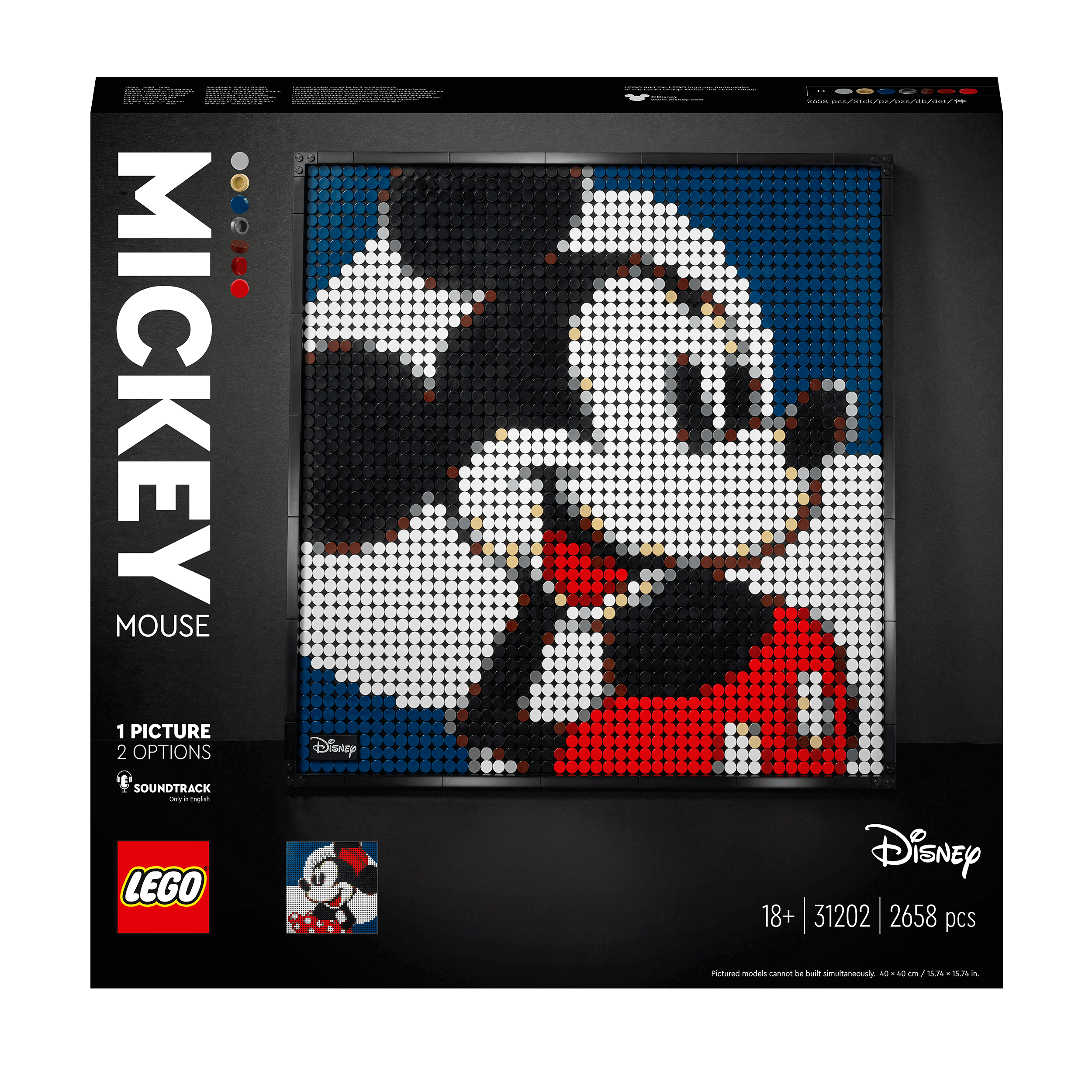 LEGO Art Disney Mickey Mouse Poster Set 31202 with 2-in-1 wall art kit and soundtrack, featuring vibrant design and colorful pieces.