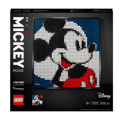 LEGO Art Disney Mickey Mouse Poster Set 31202 with 2-in-1 wall art kit and soundtrack, featuring vibrant design and colorful pieces.