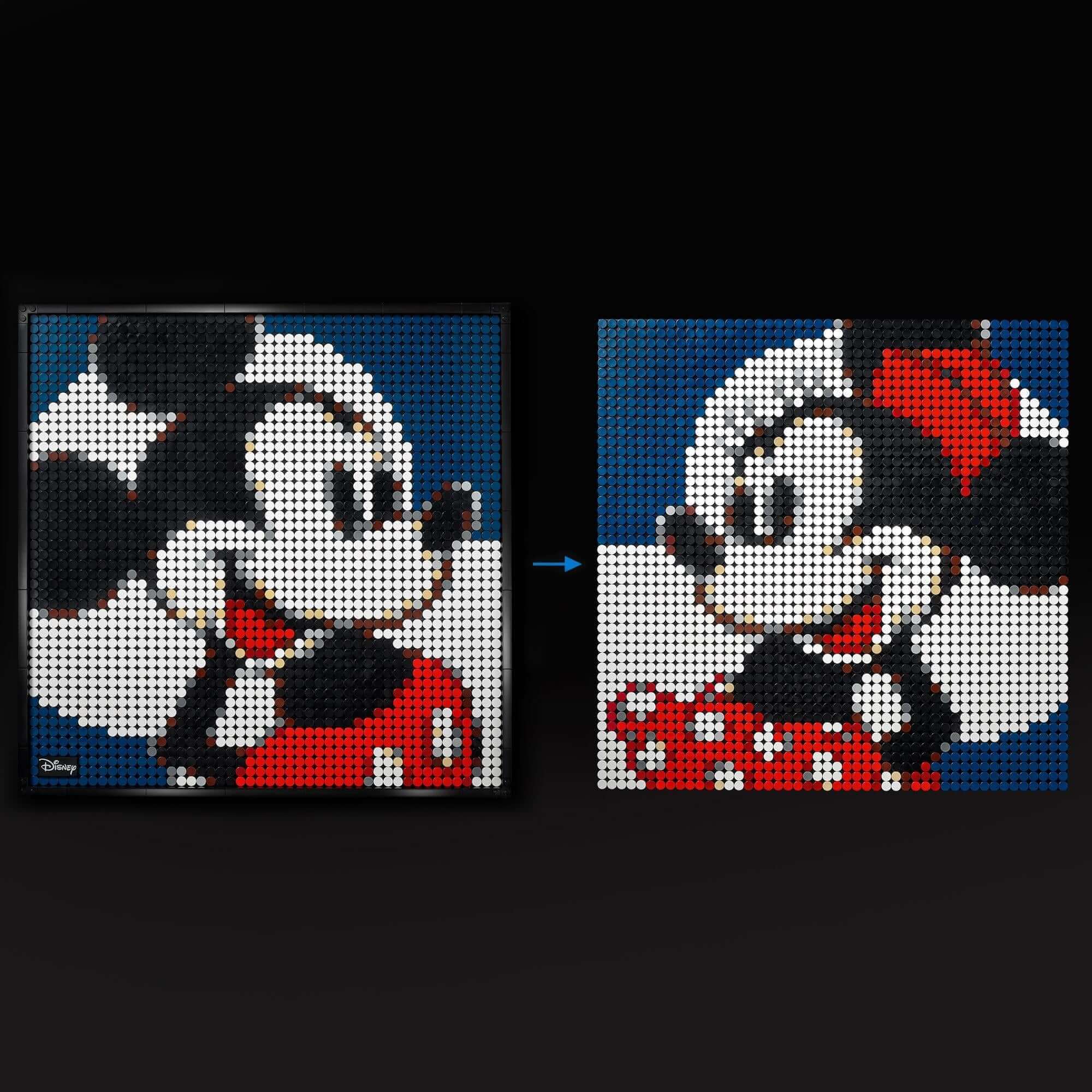 LEGO Art Disney’s Mickey Mouse Poster Set 31202 showcasing two designs of Mickey and Minnie Mouse in vibrant colors.