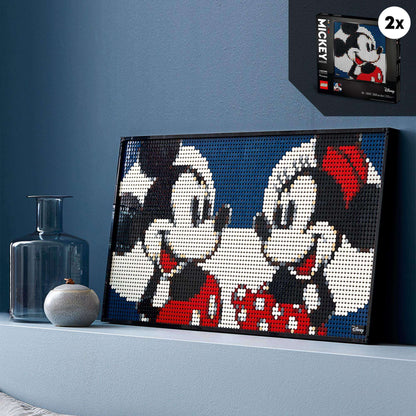 LEGO Art Disney's Mickey Mouse Poster Set 31202 featuring Mickey and Minnie wall art on display.