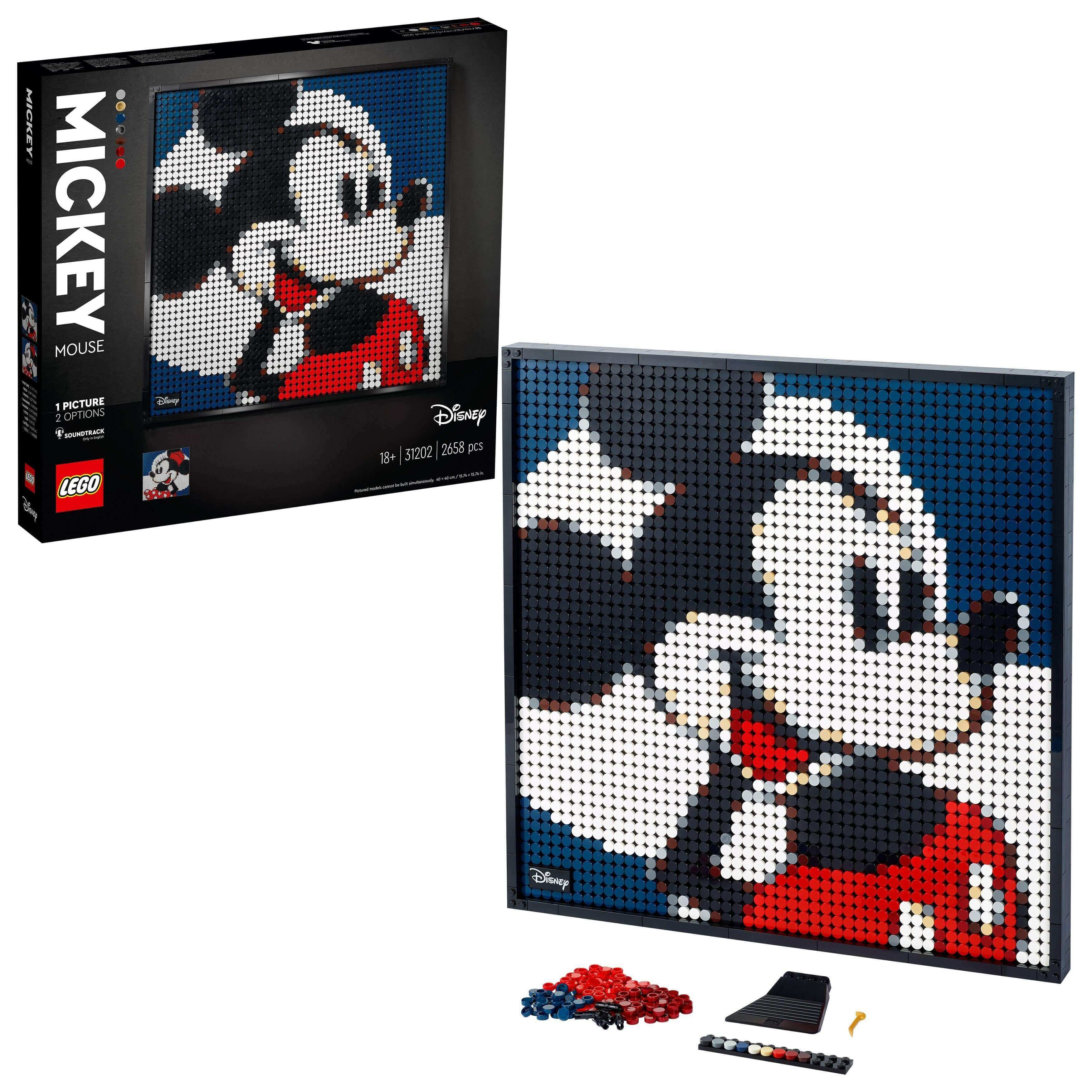LEGO Art Disney Mickey Mouse Poster Set 31202, featuring colorful LEGO tiles and wall art design.