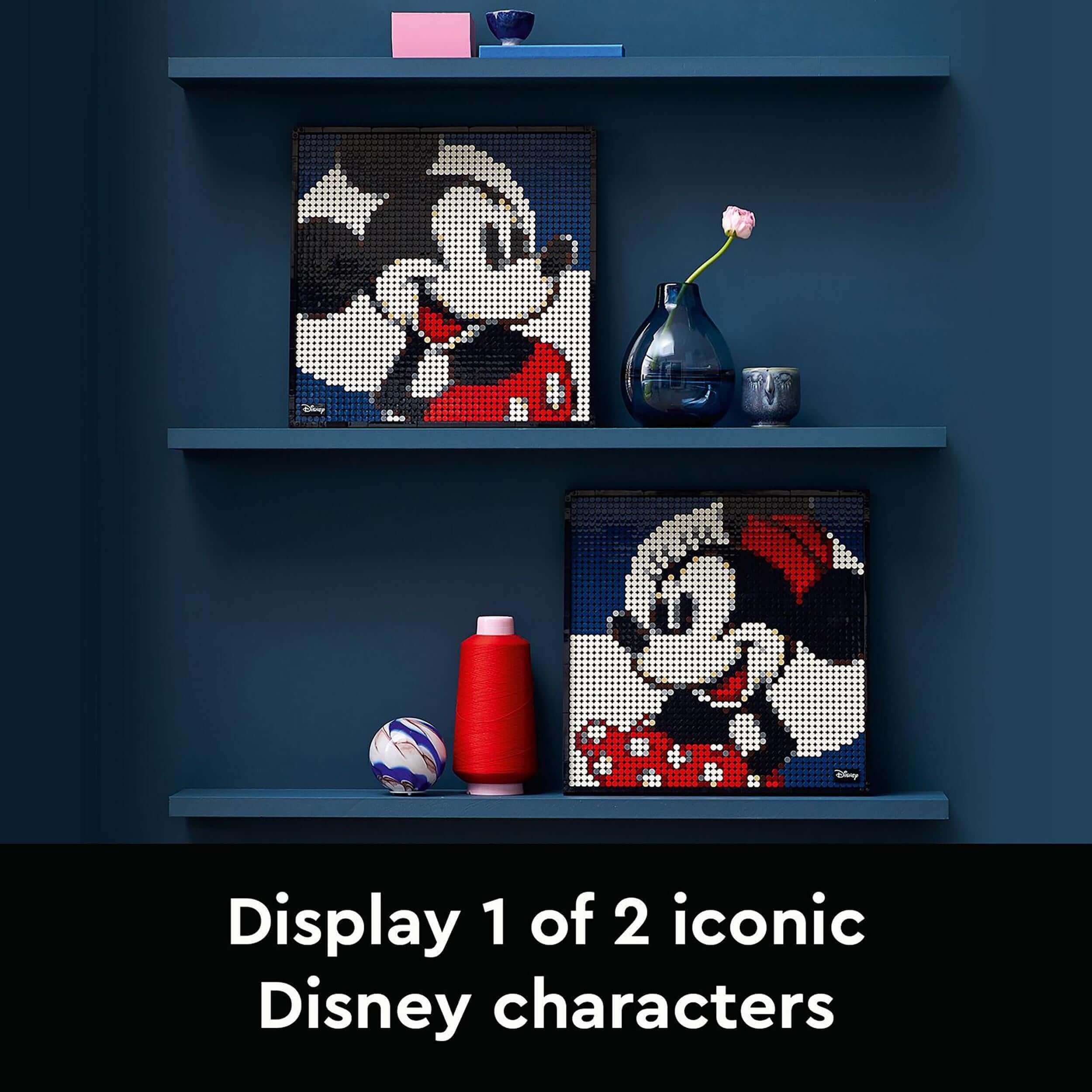 LEGO® Art Disney Mickey Mouse and Minnie Mouse posters displayed on shelves, showcasing iconic characters in wall art.