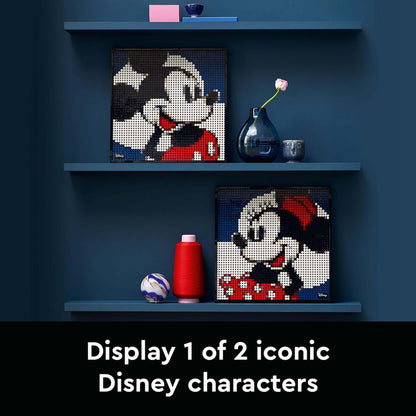 LEGO® Art Disney Mickey Mouse and Minnie Mouse posters displayed on shelves, showcasing iconic characters in wall art.