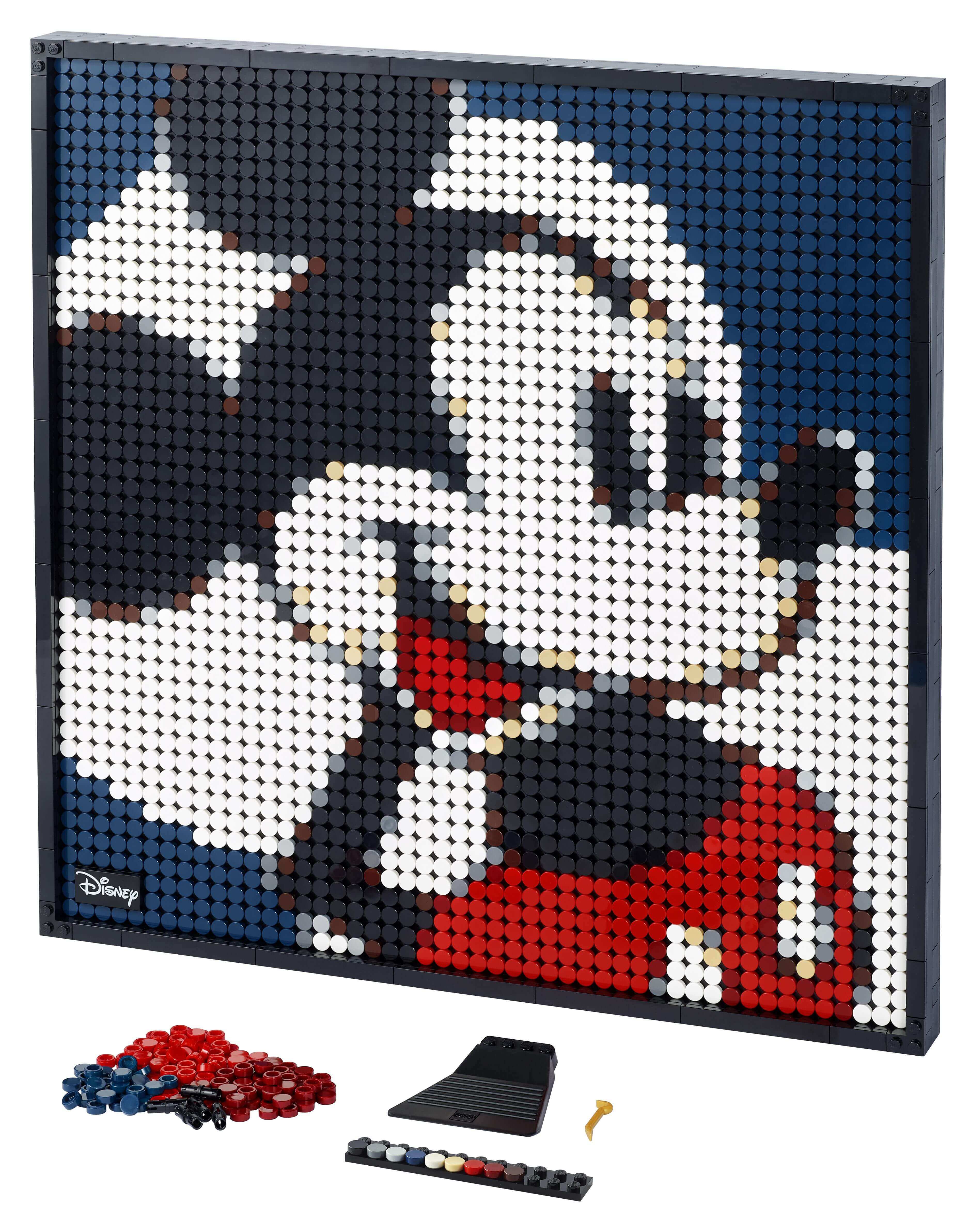 LEGO Art Disney Mickey Mouse Poster Set 31202 featuring colorful pixel art and building elements for wall decoration.