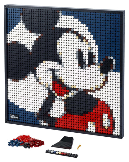 LEGO Art Disney Mickey Mouse Poster Set 31202 featuring colorful pixel art and building elements for wall decoration.