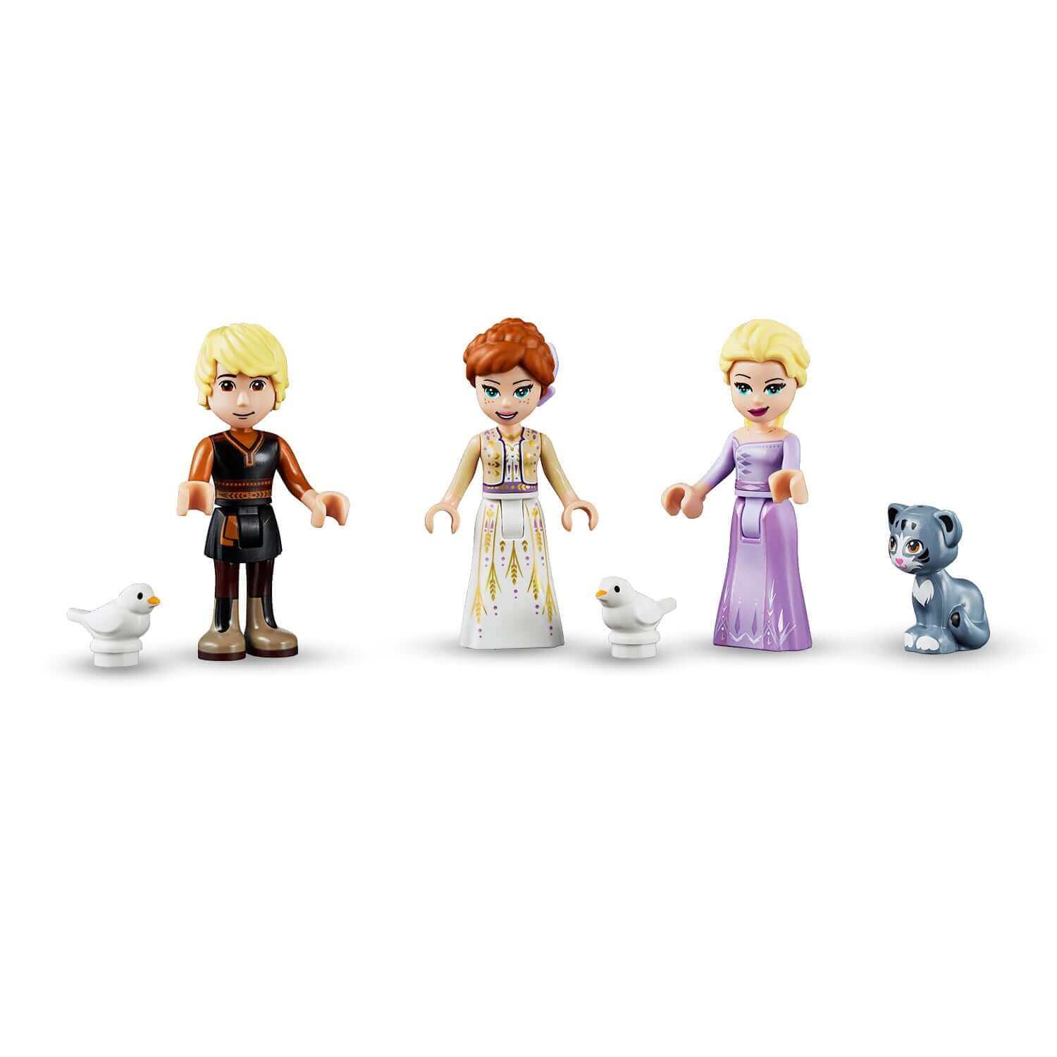 LEGO Disney Frozen 2 figures of Princess Anna, Elsa, Kristoff, two birds, and a cat from Arendelle Castle Village set.