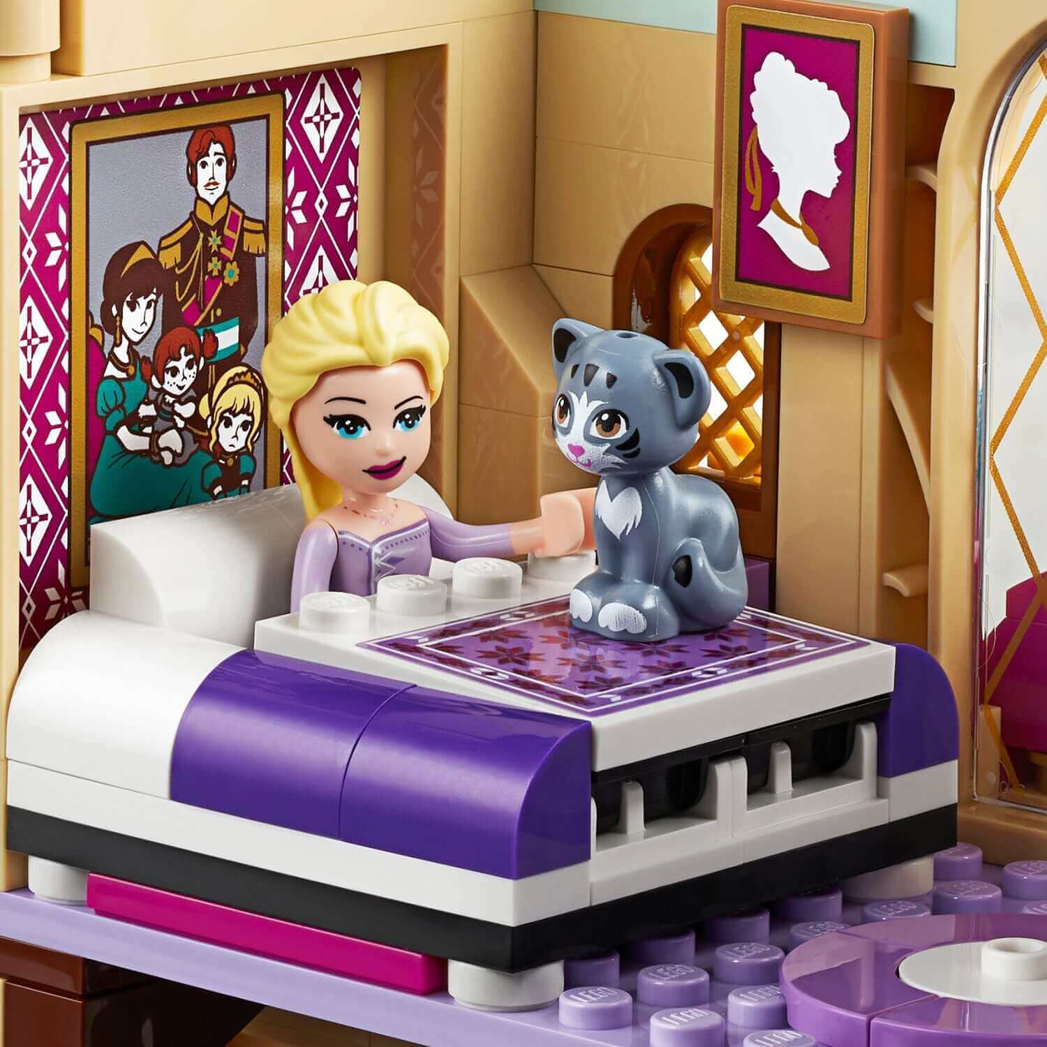 LEGO Disney Frozen II Arendelle Castle Village featuring Elsa with a cat on her bed, perfect for creative play.