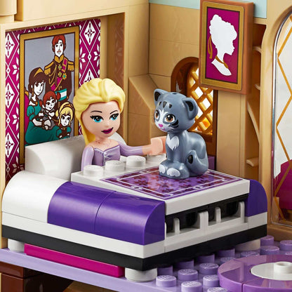 LEGO Disney Frozen II Arendelle Castle Village featuring Elsa with a cat on her bed, perfect for creative play.