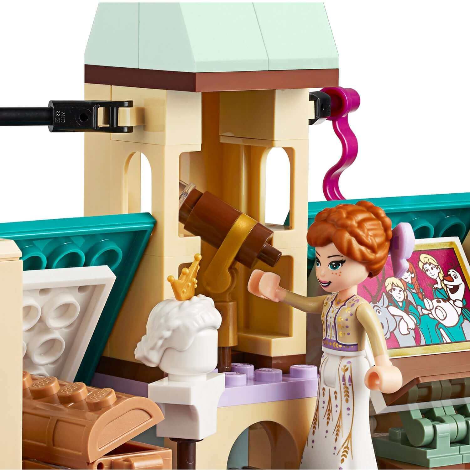 LEGO Disney Frozen 2 Arendelle Castle playset featuring Princess Anna with a telescope in her castle.