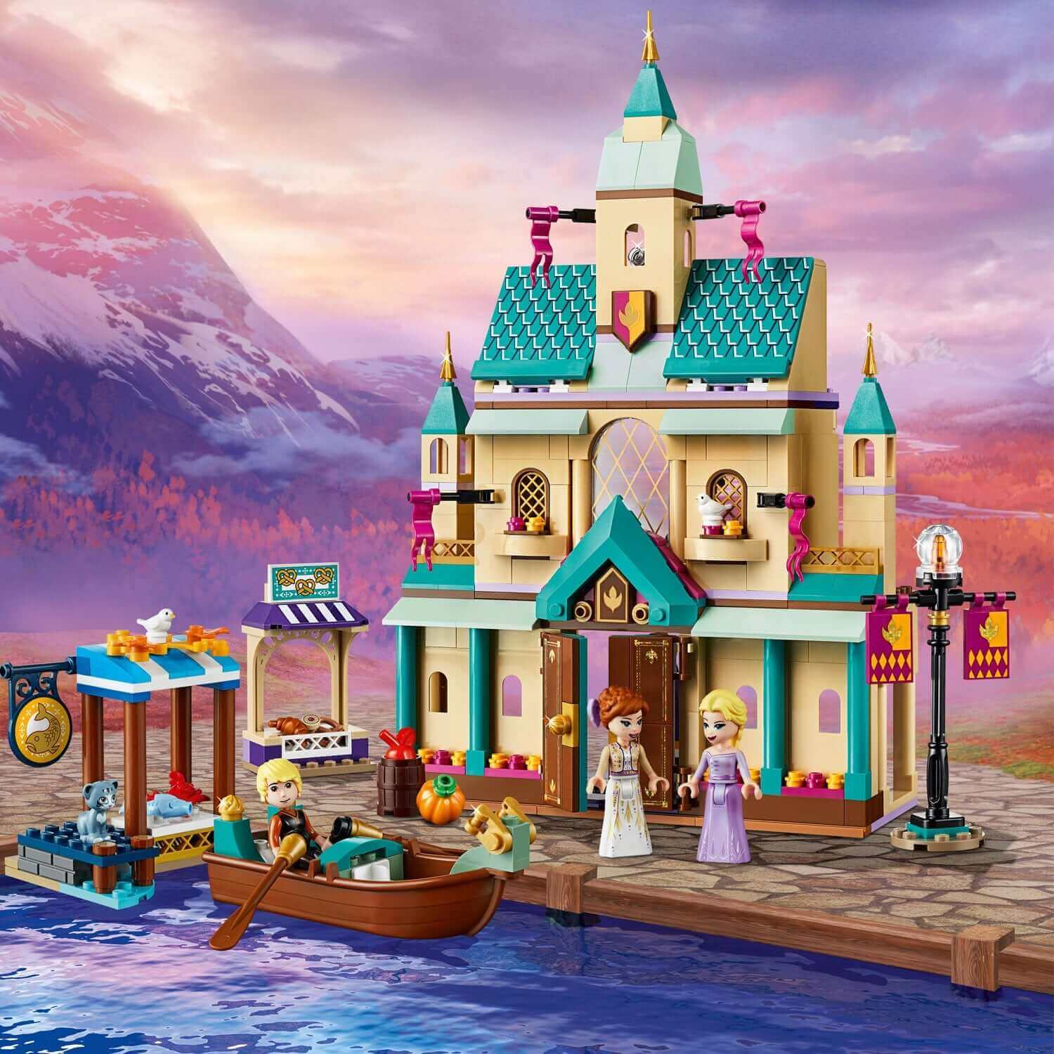 LEGO® Disney Frozen 2 Arendelle Castle Village set with Anna, Elsa, and a boat on a scenic waterfront.
