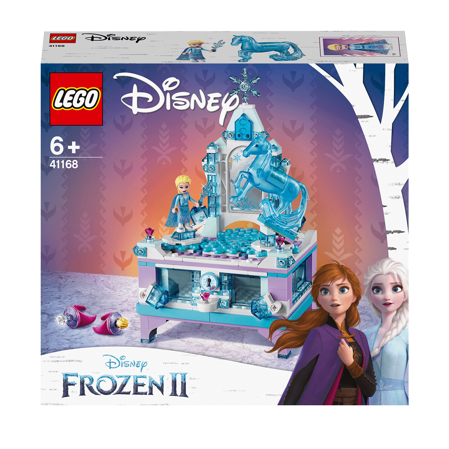 LEGO Disney Frozen II Elsa's jewellery box set 41168 with Elsa and Anna figures, perfect for keeping jewelry safe.