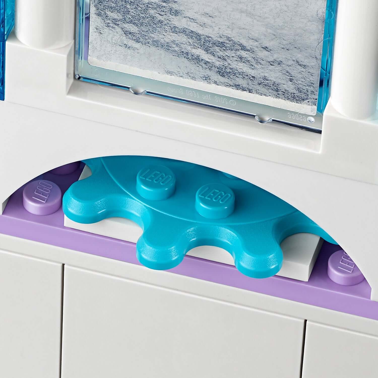 Close-up view of the LEGO Disney Frozen 2 jewelry box base featuring colorful building bricks and intricate design.