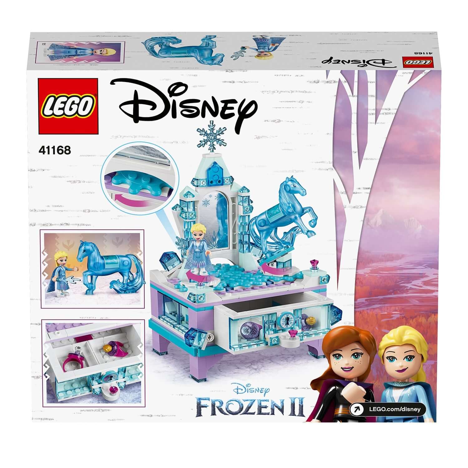 LEGO Disney Frozen 2 Elsa's Jewellery Box Set 41168 with Elsa and Anna mini-dolls, featuring a sparkling jewelry box.