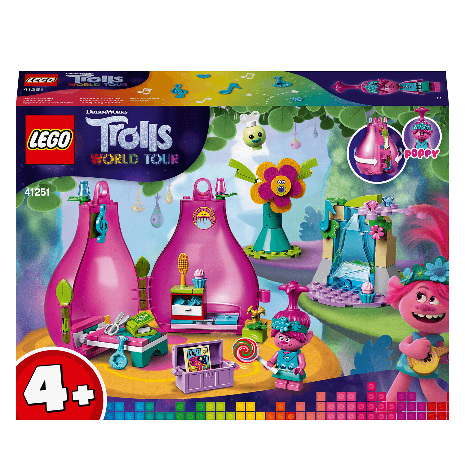 LEGO® Trolls Poppy’s Pod Storage Travel Set 41251 showcasing Trolls characters and vibrant accessories for imaginative play.
