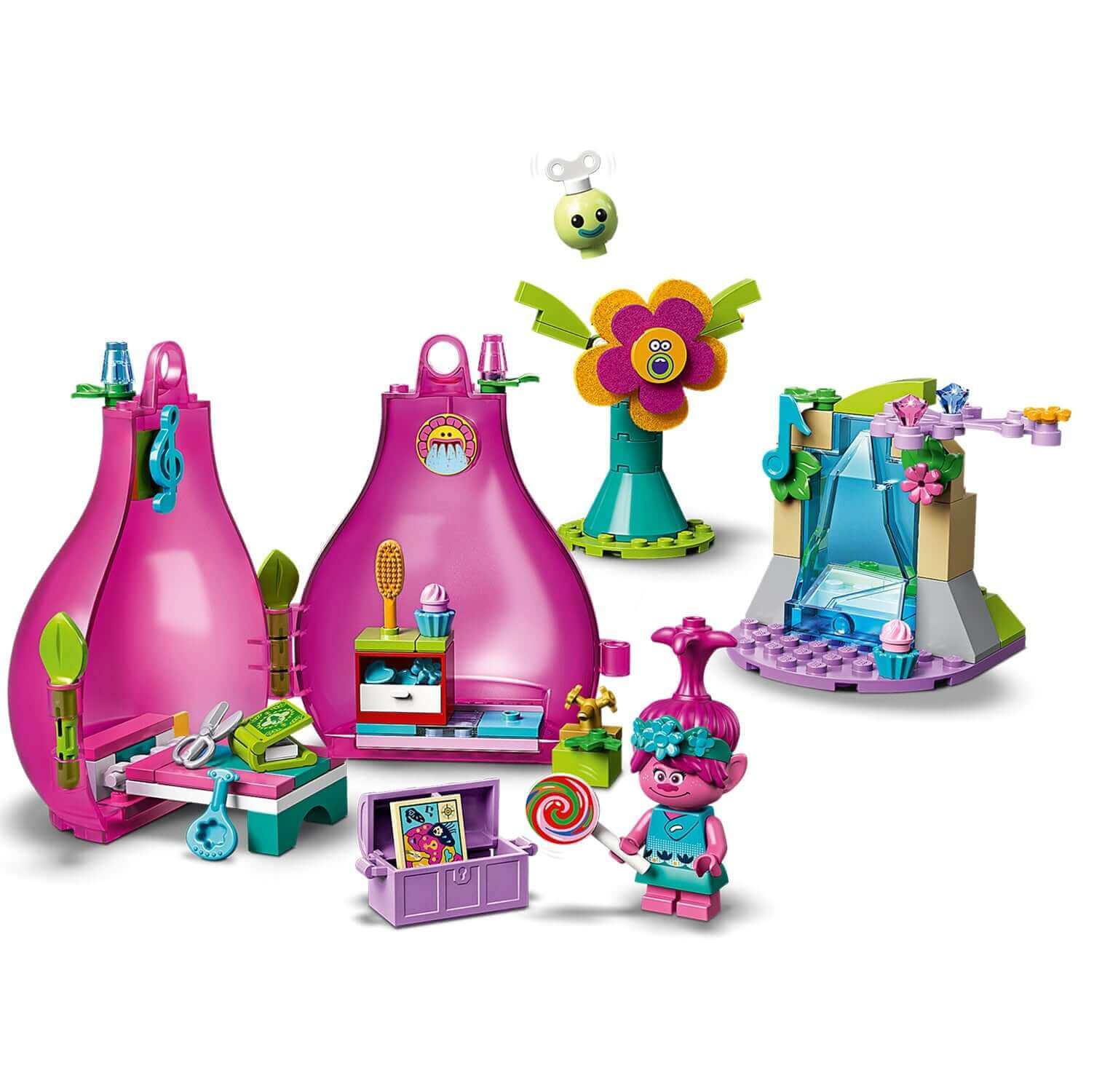LEGO® Trolls 4+ Poppy's Pod Storage Travel Set 41251 featuring vibrant colors and adorable accessories for creative play.