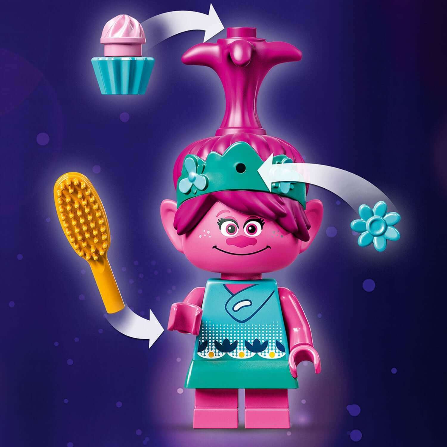 LEGO® Trolls Poppy figure with accessories including a hairbrush and cupcake for creative play in Poppy’s Pod set.