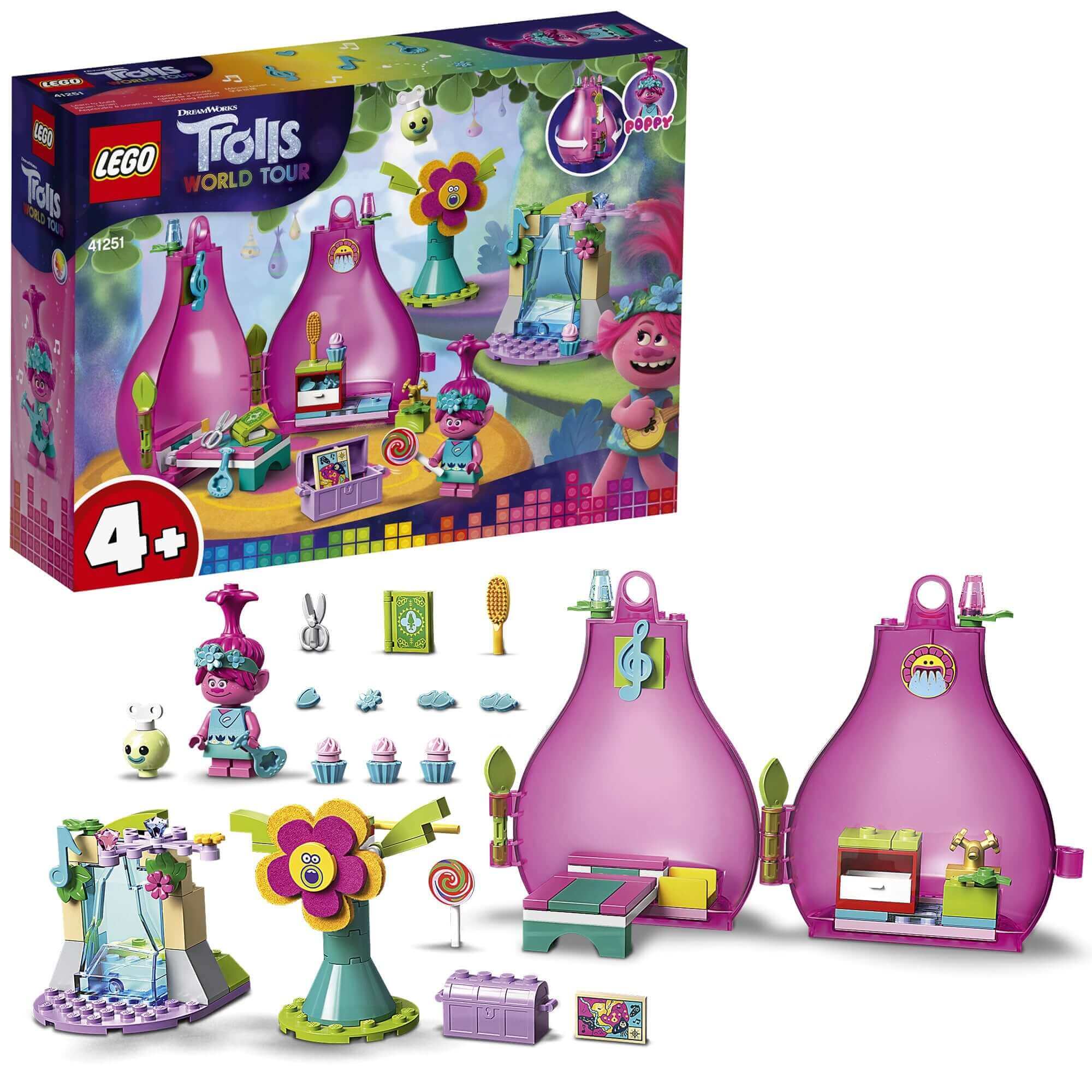 LEGO® Trolls 4+ Poppy’s Pod Storage Travel Set 41251 with colorful figures and scenes from the movie.