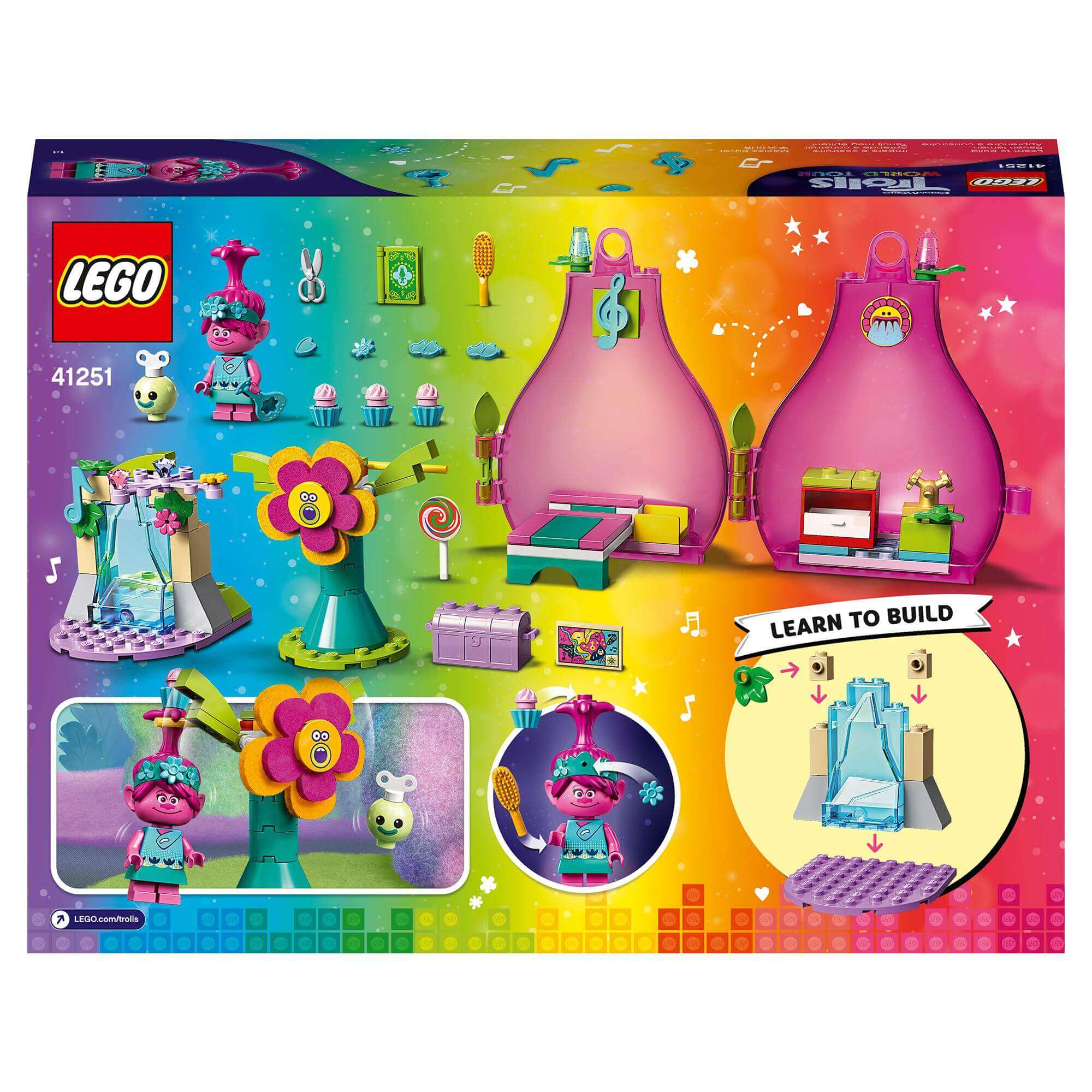 LEGO Trolls 41251 Poppy’s Pod Storage Set with colorful accessories for creative play and adventure.