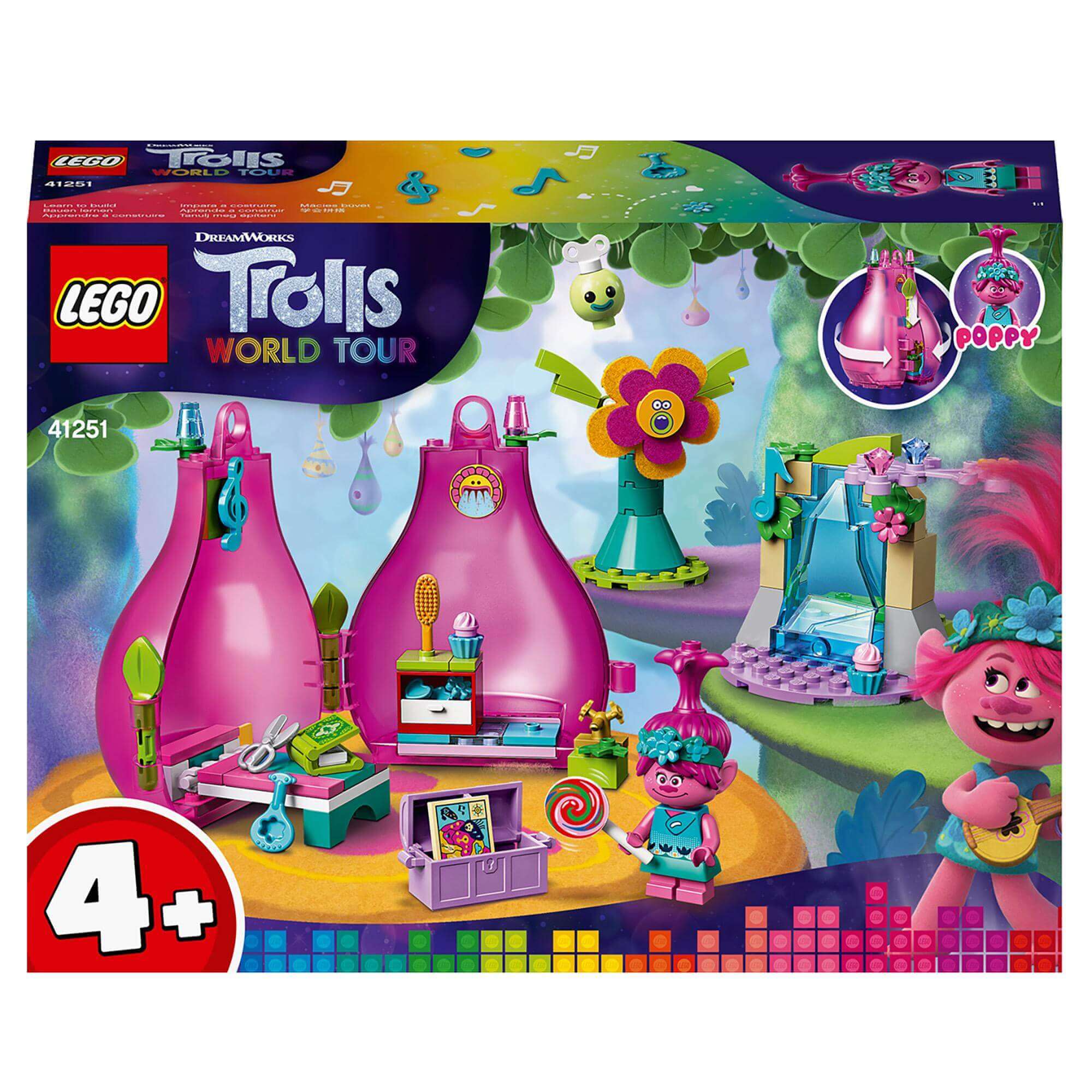 LEGO® Trolls 4+ Poppy’s Pod Storage Travel Set 41251, featuring colorful pods and Poppy preparing for her adventure.