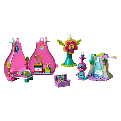 LEGO Trolls Poppy's Pod Storage Travel Set 41251 with vibrant pink pods, character, and accessories for storytelling fun.