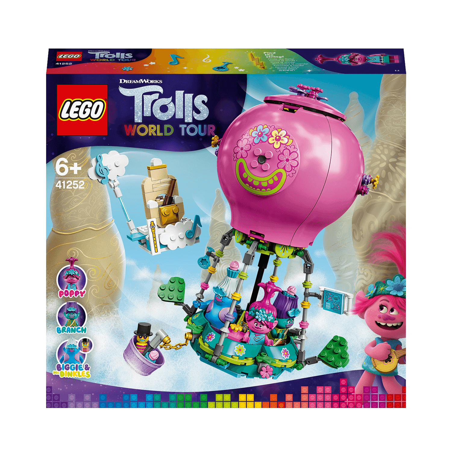 LEGO Trolls Poppy's Hot Air Balloon Playset 41252 featuring Poppy and Branch in a colorful balloon adventure.