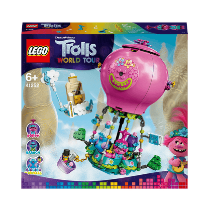 LEGO Trolls Poppy's Hot Air Balloon Playset 41252 featuring Poppy and Branch in a colorful balloon adventure.