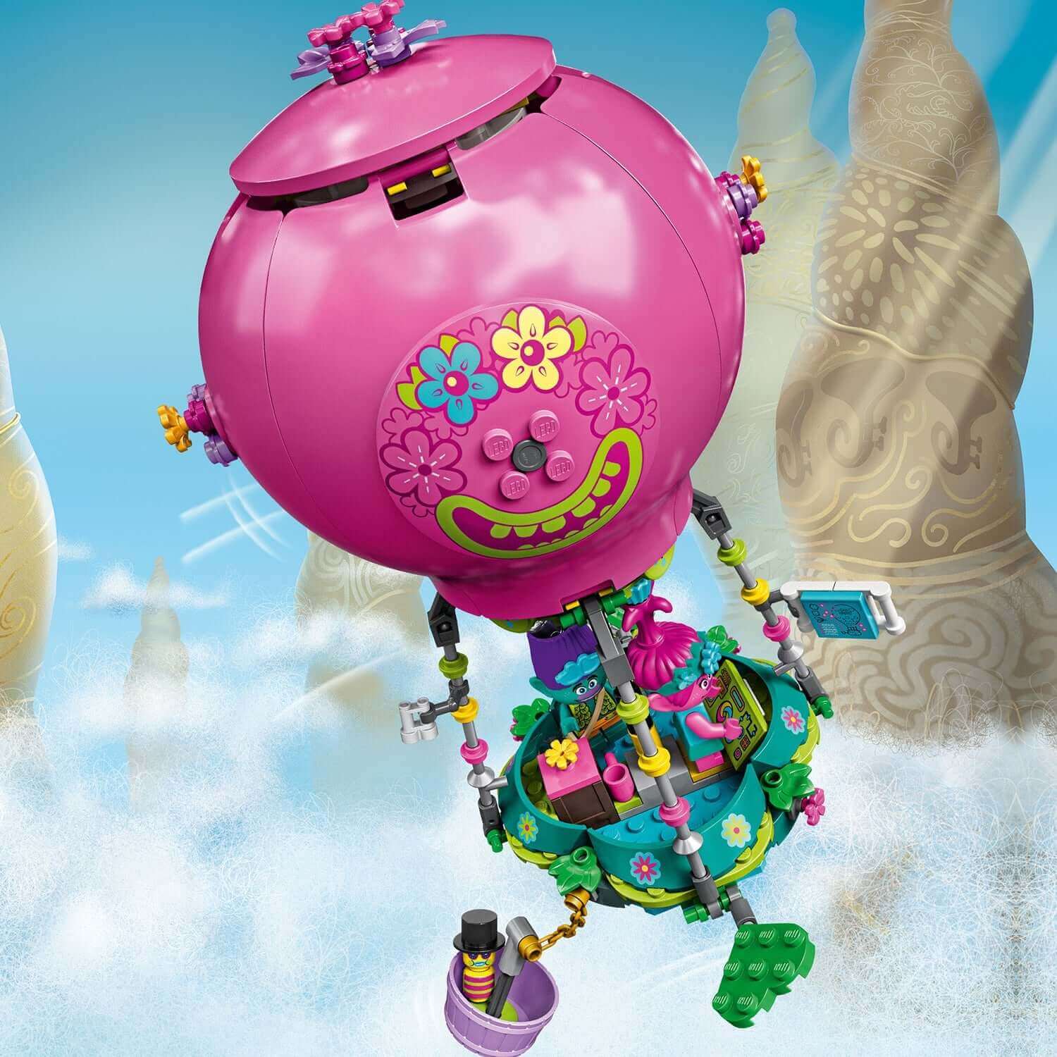 LEGO Trolls Poppy's Hot Air Balloon Playset 41252, showcasing colorful design and fun character details for imaginative play.