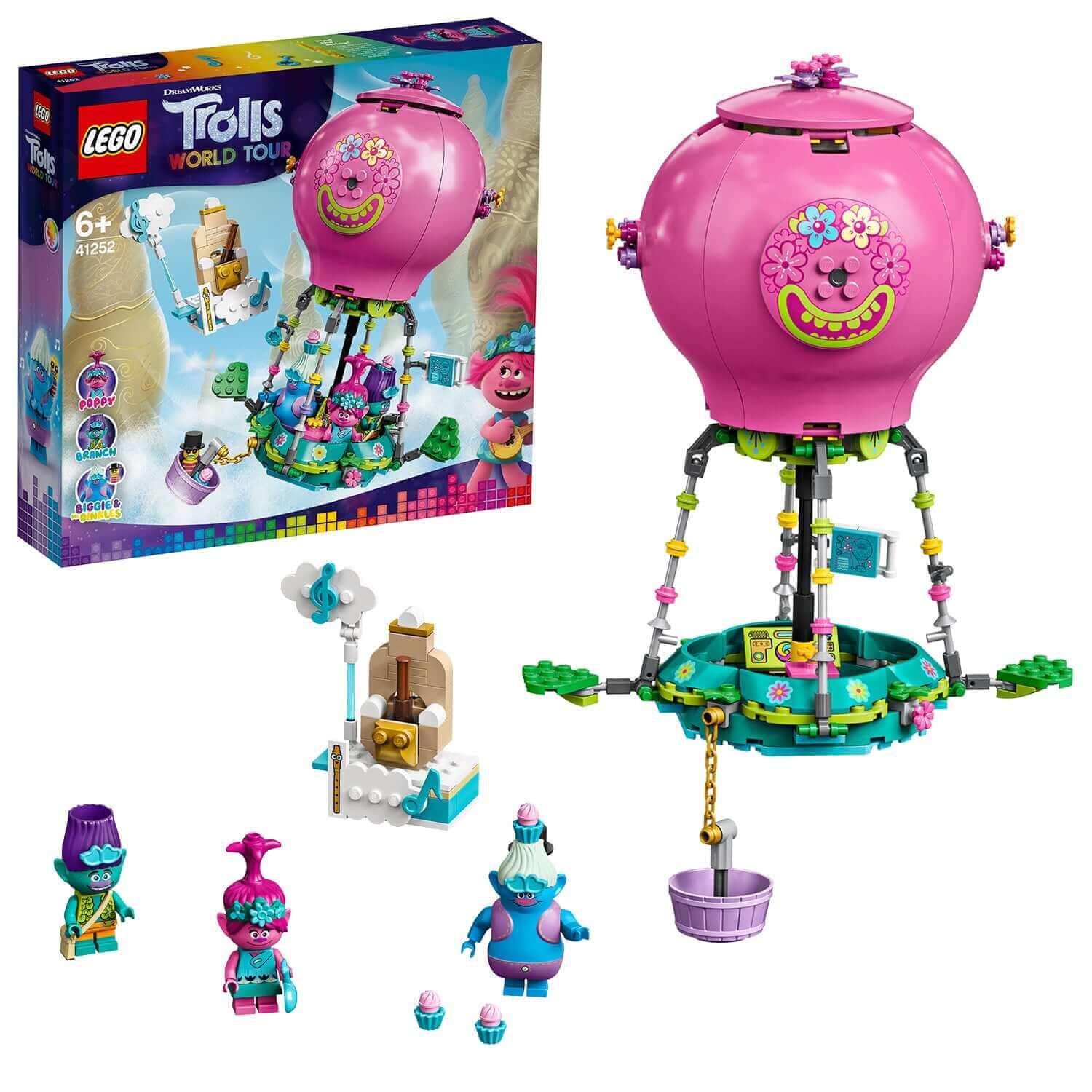 LEGO® Trolls Poppy’s Hot Air Balloon Playset 41252, featuring vibrant characters and colorful balloon design.