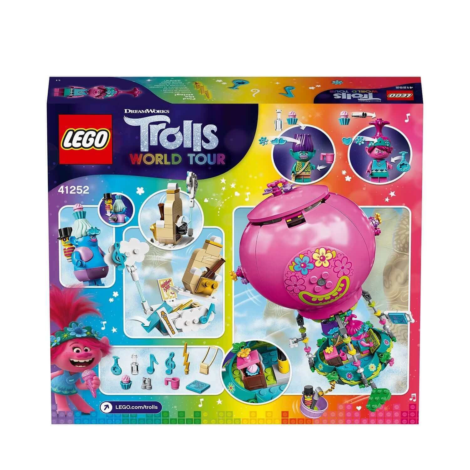 LEGO Trolls Poppy's Hot Air Balloon Playset 41252 box art featuring colorful design and Trolls characters.