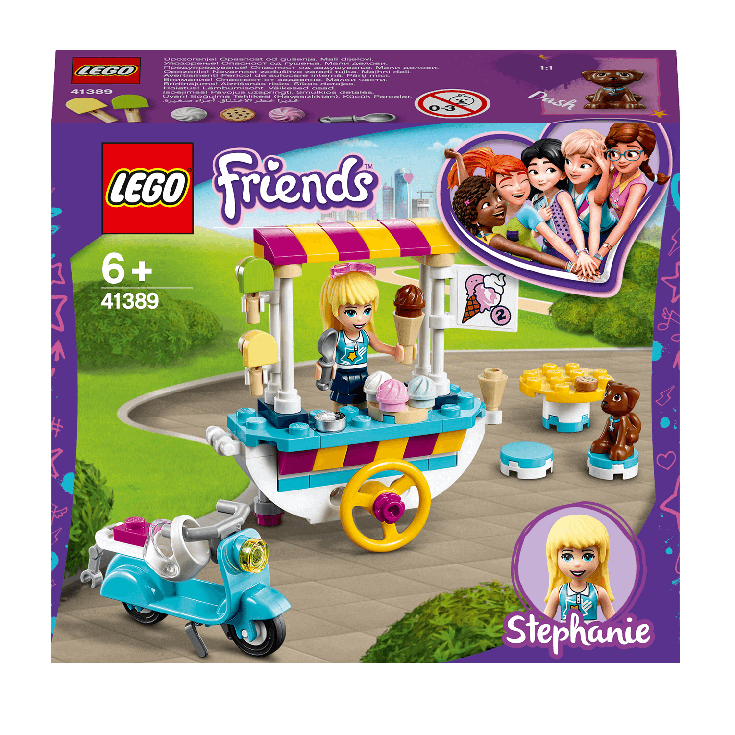 LEGO® Friends Ice Cream Cart Set 41389 featuring Stephanie serving ice cream from a colorful cart, perfect for imaginative play.