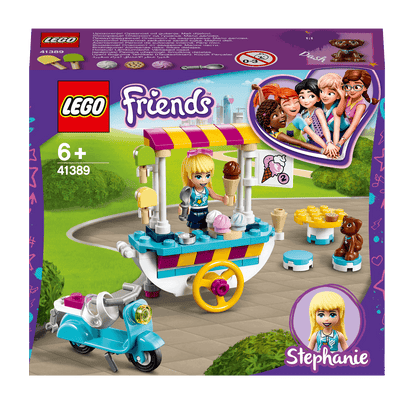 LEGO® Friends Ice Cream Cart Set 41389 featuring Stephanie serving ice cream from a colorful cart, perfect for imaginative play.