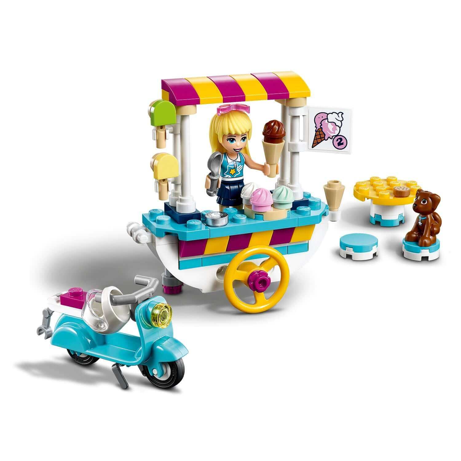 LEGO® Friends Ice Cream Cart Set 41389 featuring ice cream stand, girl, scooter, and cute bear, perfect for imaginative play.