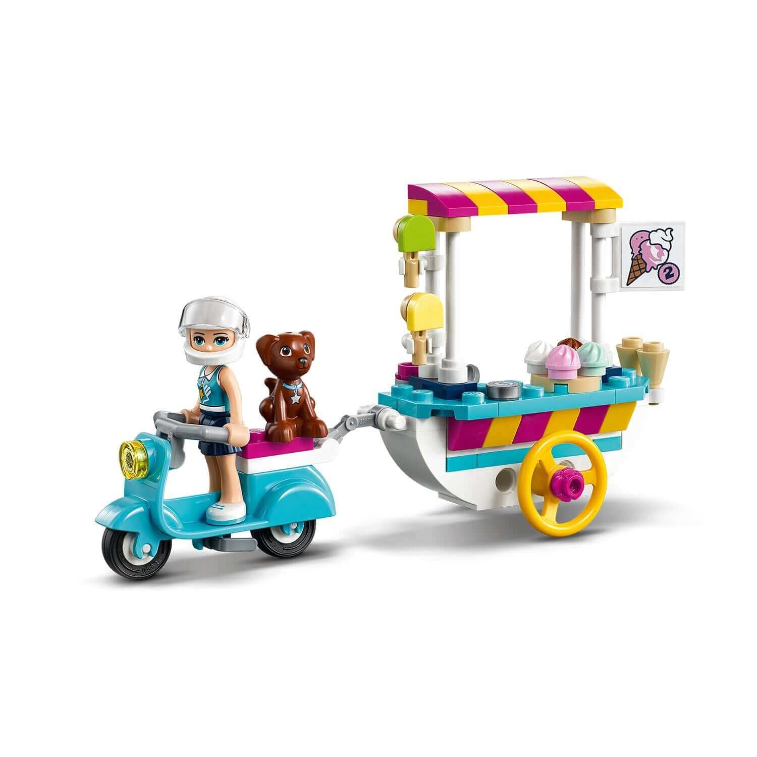 LEGO® Friends Ice Cream Cart Set 41389 featuring a girl on a scooter with a bear, serving colorful ice cream treats.
