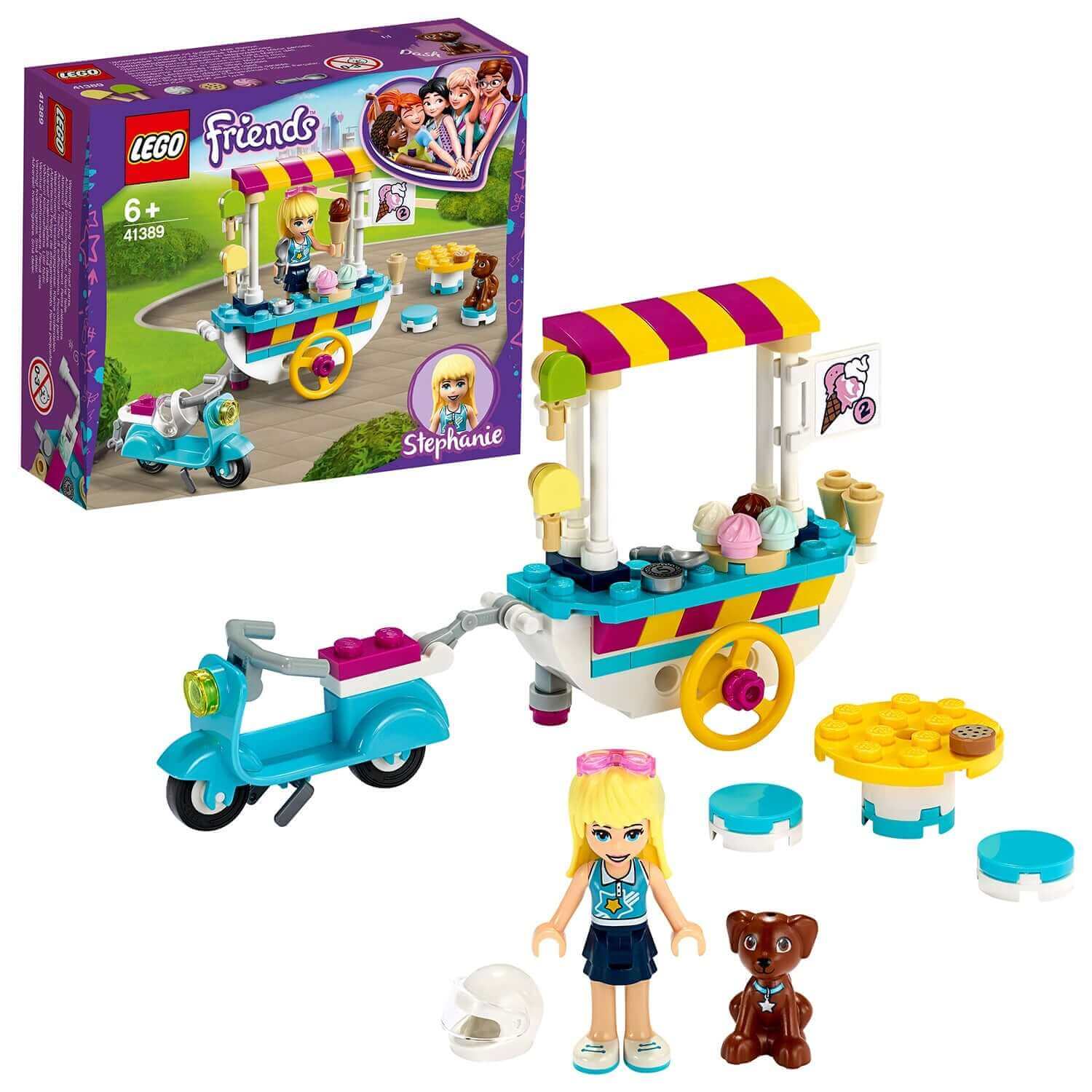 LEGO® Friends Ice Cream Cart Set 41389 with ice cream cart, dog, and Stephanie minifigure for creative role-playing.