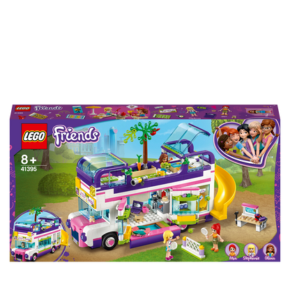 LEGO Friends Friendship Bus Toy 41395 with vintage design, swim pool, and creative play features for kids.