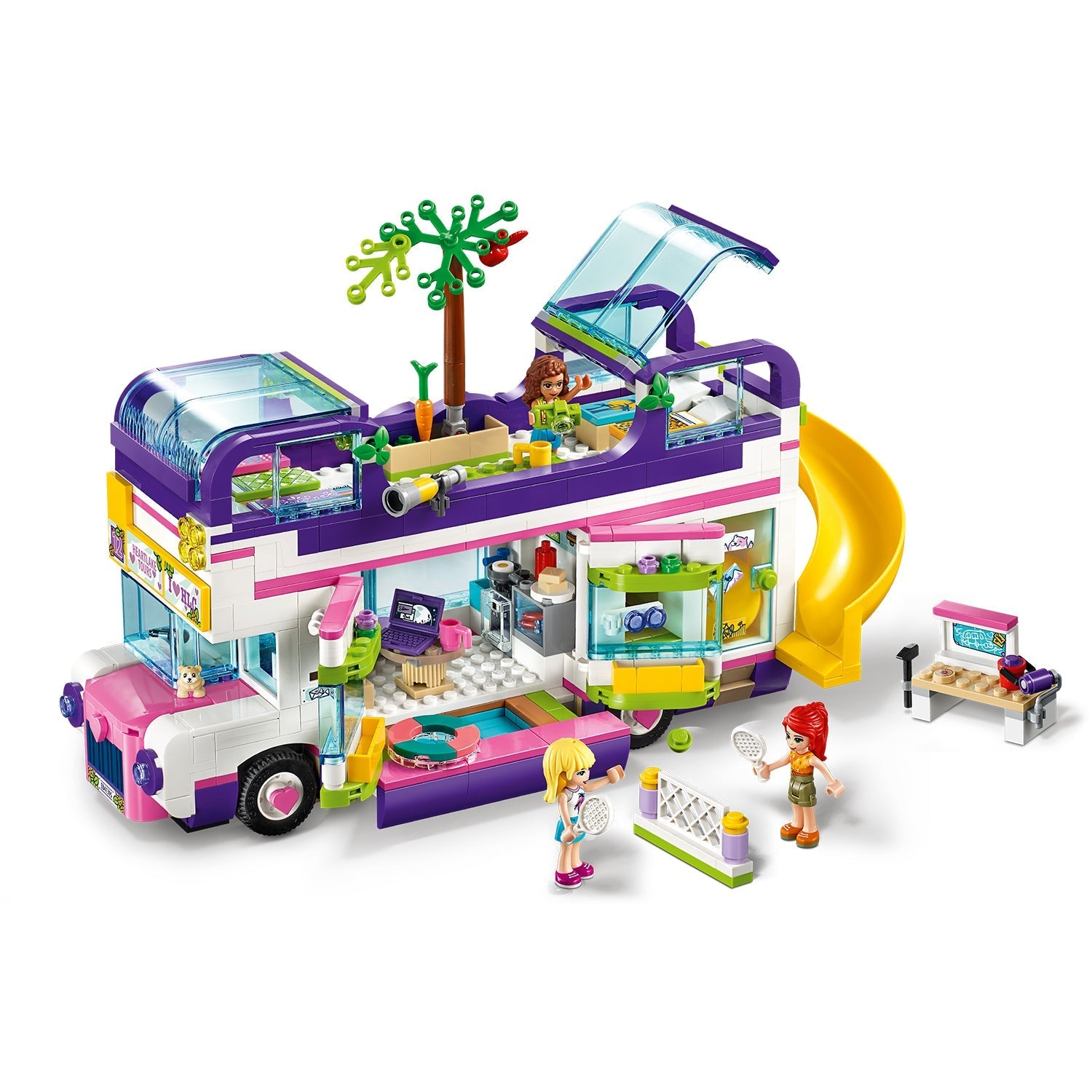 LEGO® Friends Friendship Bus Toy 41395 with slide, pool, and kids playing, perfect for creative imaginative play.